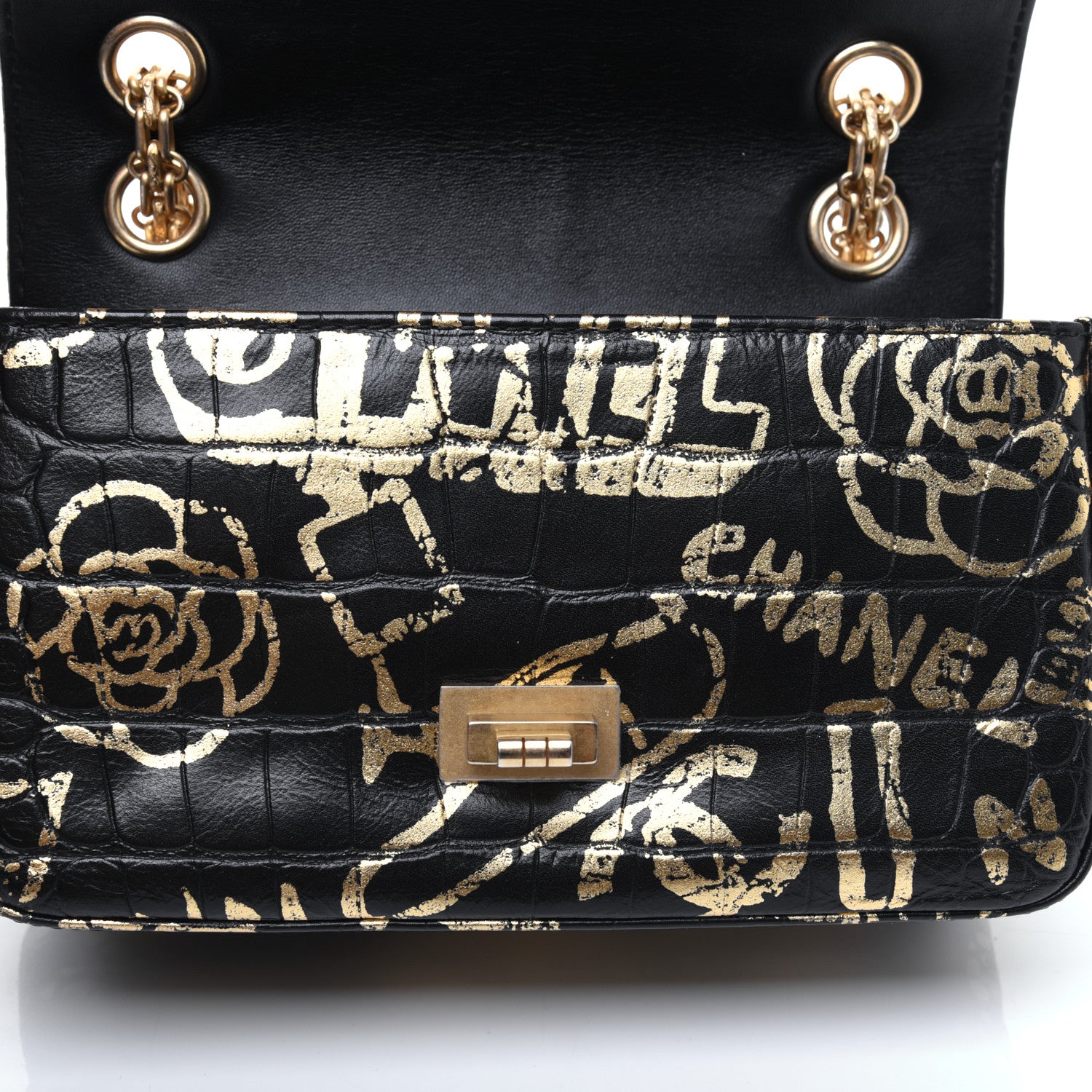 Chanel Calfskin Crocodile Embossed Graffiti 2.55 Mini Cocodile Reissue Flap Black Gold 18 of 21