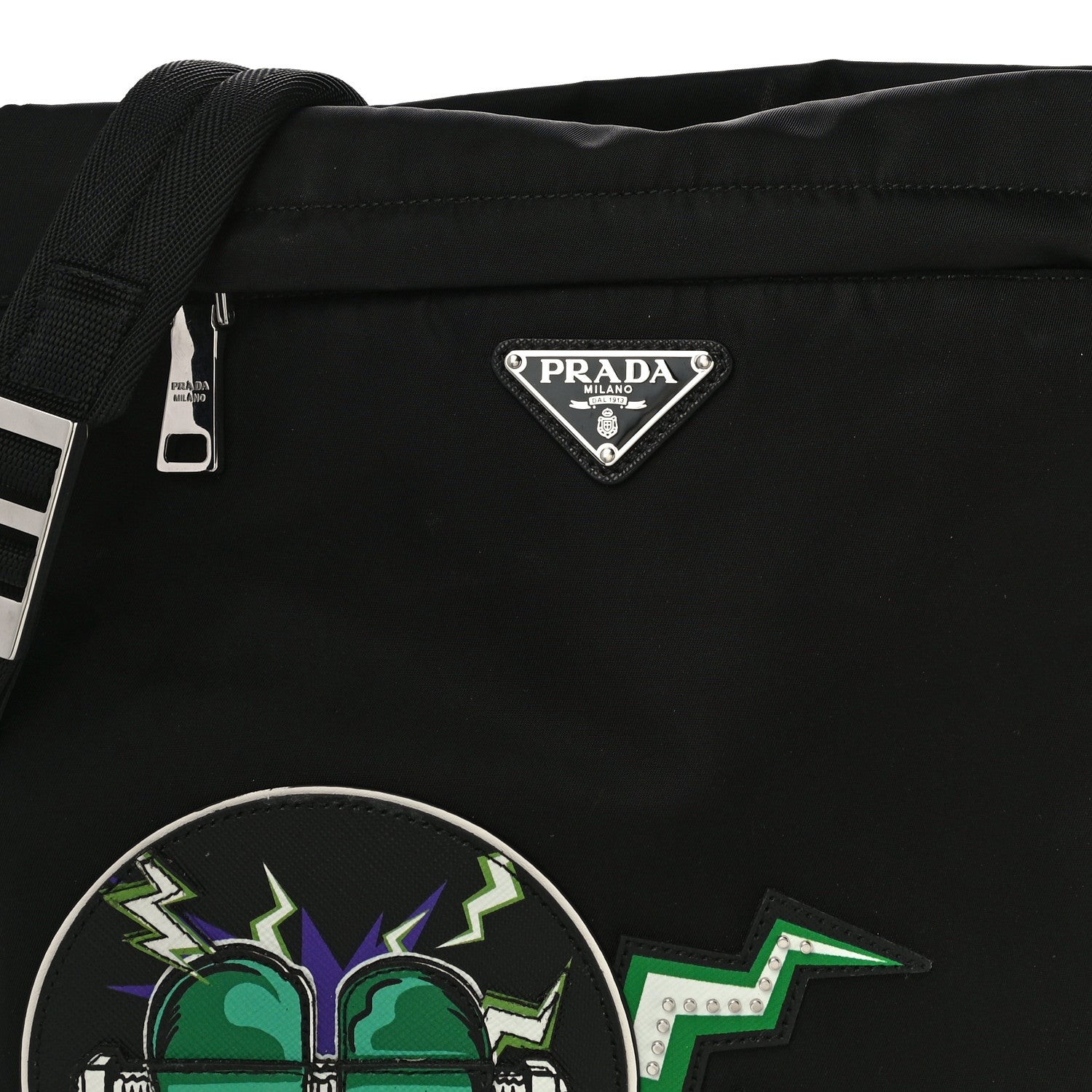 Prada X UNIVERSAL STUDIOS Tessuto Nylon Montagna Frankenstein Heart Small Crossbody Bag Black Smeraldo 8 of 14