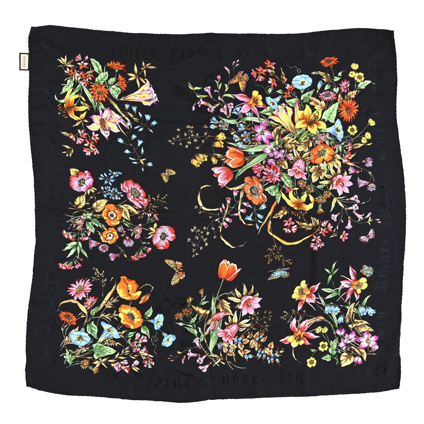 Silk Twill Flora Beauty Square Scarf Black