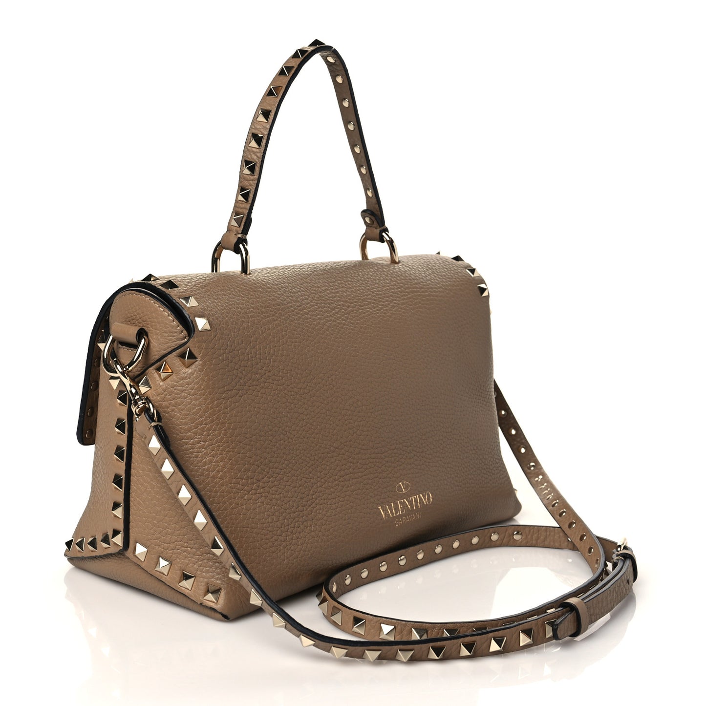 Pebbled Calfskin Medium Rockstud Top Handle Shoulder Bag Brown