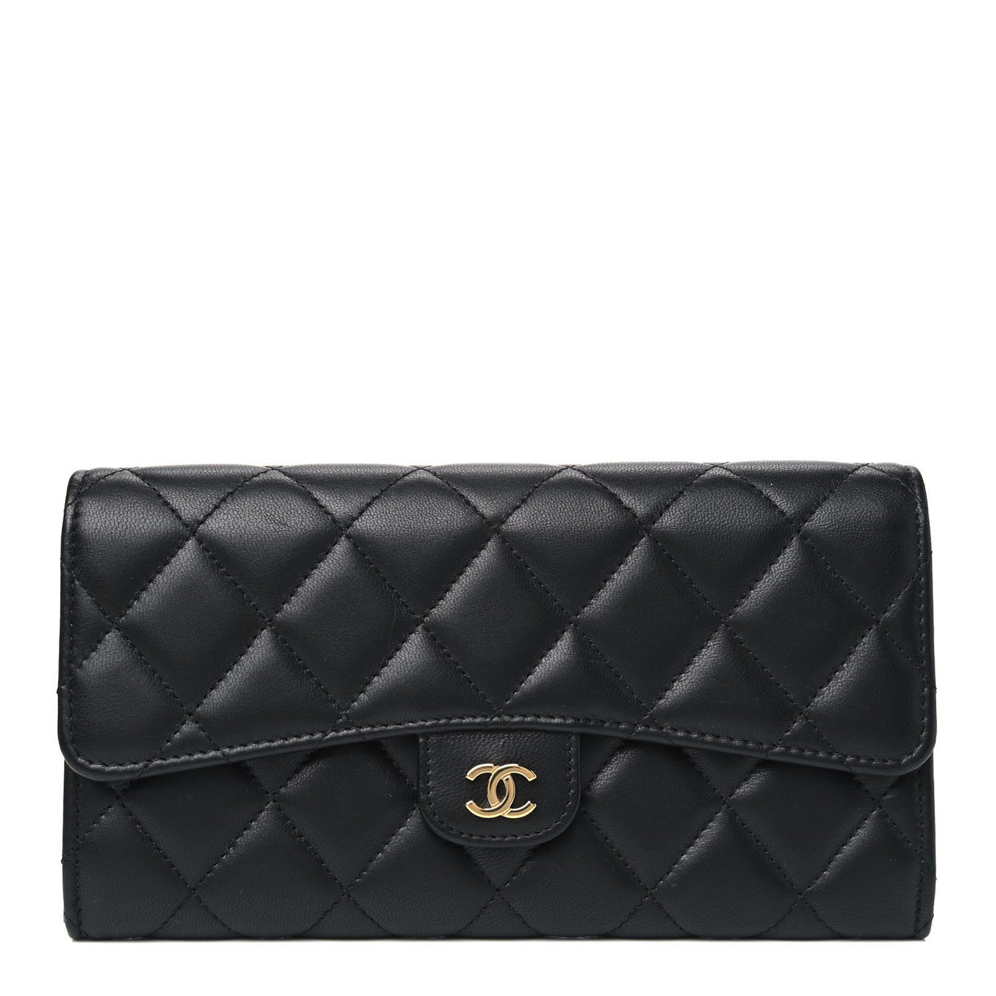 Lambskin Quilted Large Gusset Flap Wallet Black