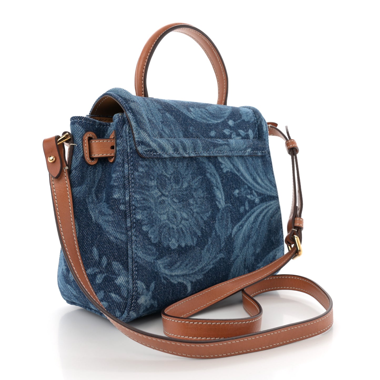Denim Barocco Small La Medusa Chain Top Handle Handbag Blue Camel