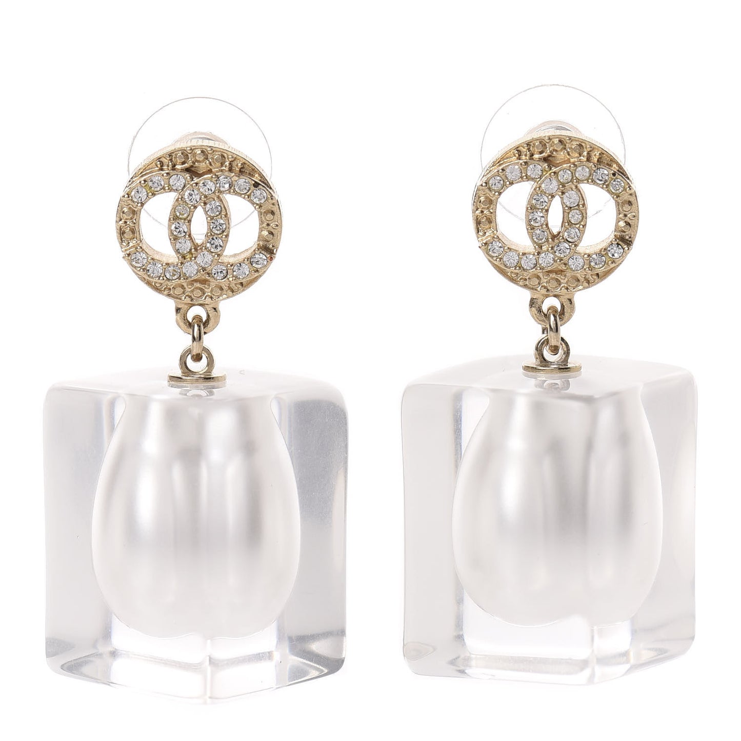Crystal Lucite Pearl CC Drop Earrings Gold