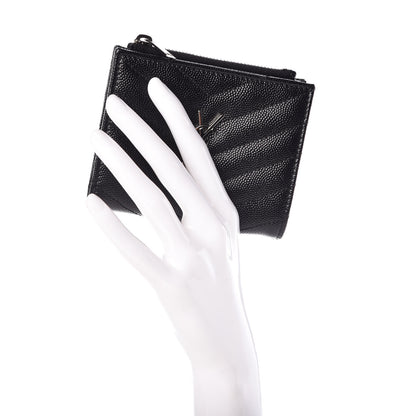 Saint Laurent Grain De Poudre Matelasse Chevron Monogram Zipped Card Case Black 2 of 6