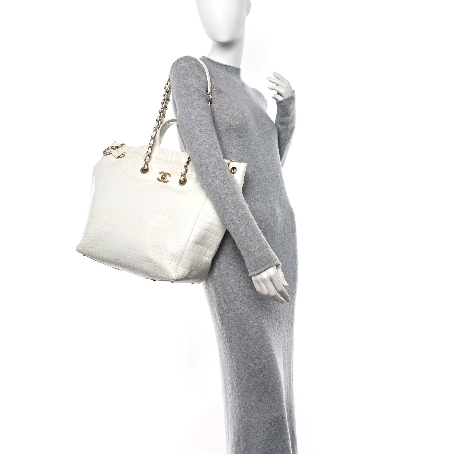 Chanel Calfskin Crocodile Embossed Large Cocodile Shopping Tote White 2 of 9