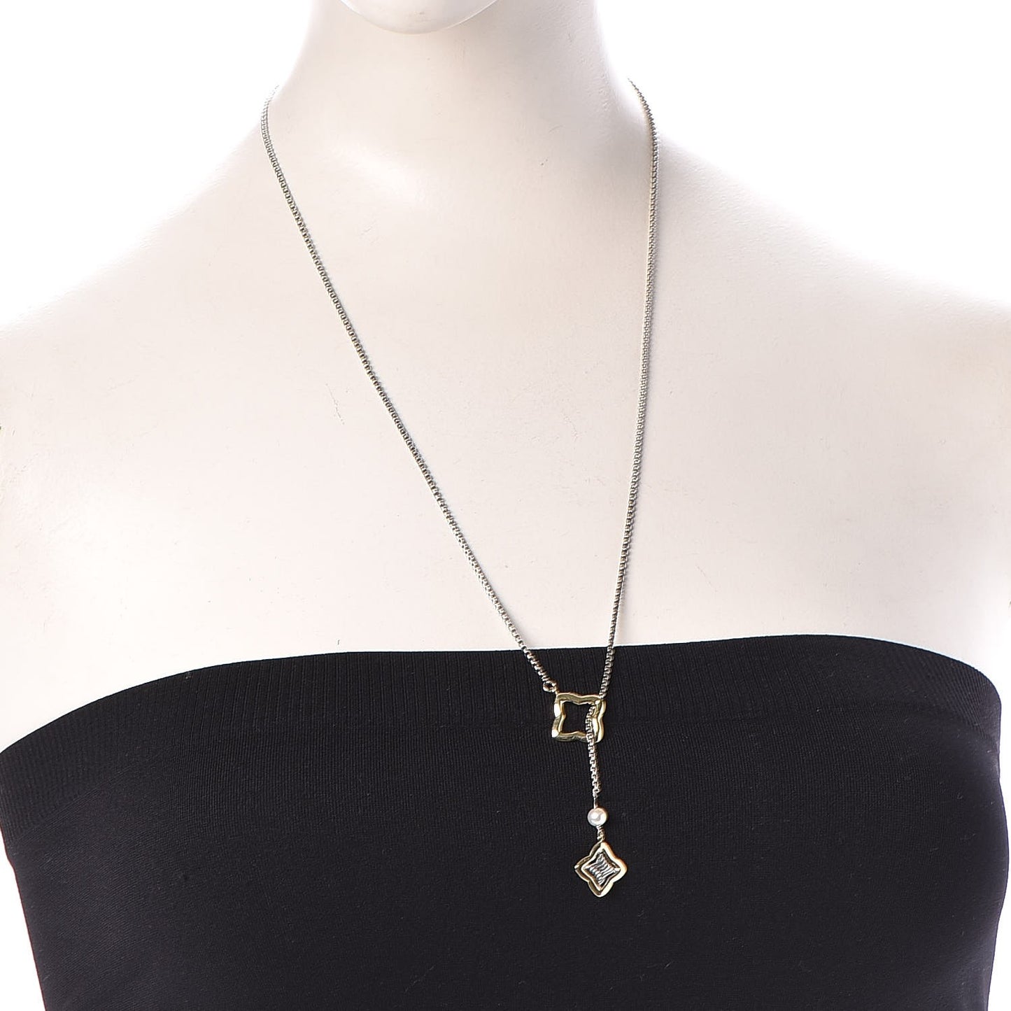 Sterling Silver 18K Yellow Gold Pearl Quatrefoil Lariat Necklace