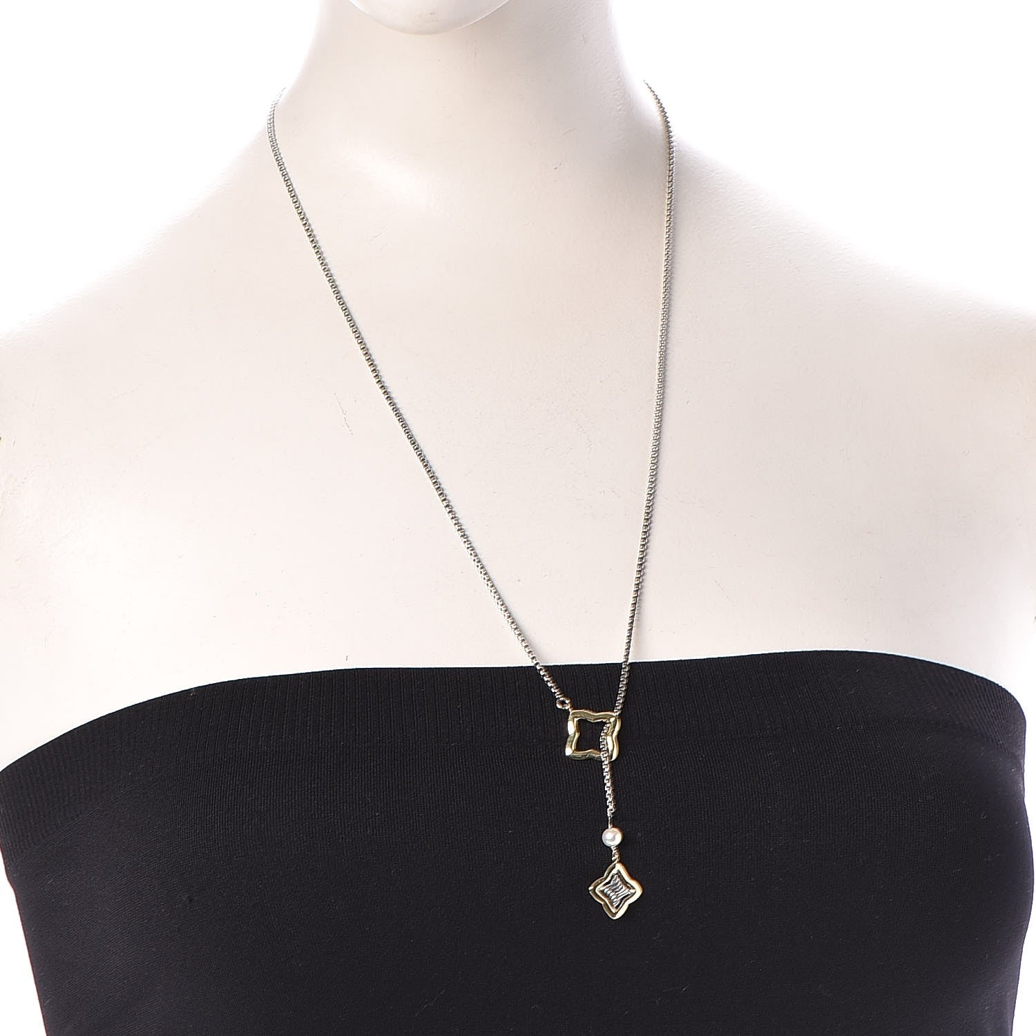 David Yurman Sterling Silver 18K Yellow Gold Pearl Quatrefoil Lariat Necklace 2 of 7