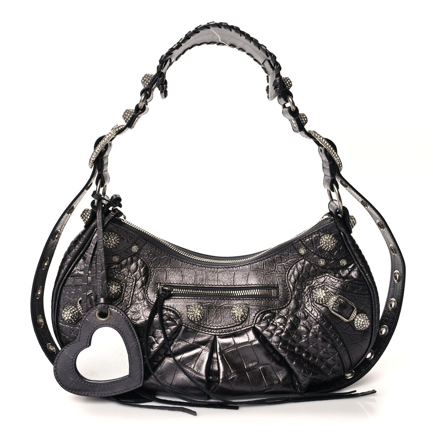 Metallic Calfskin Crocodile Embossed Crystal Small Le Cagole Shoulder Bag Gunmetal