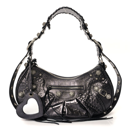 Balenciaga Metallic Calfskin Crocodile Embossed Crystal Small Le Cagole Shoulder Bag Gunmetal 3 of 11