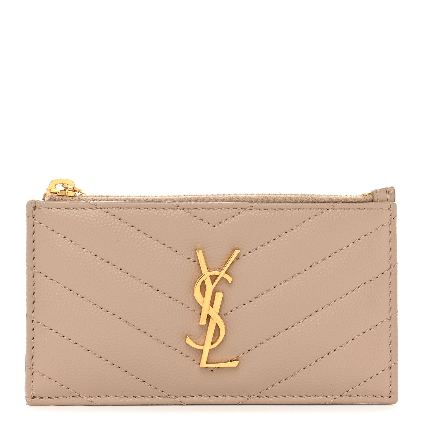 Saint Laurent Monogram Grain de Poudre 5 Fragments Zip Pouch Card Holder Dark Beige 1 of 7