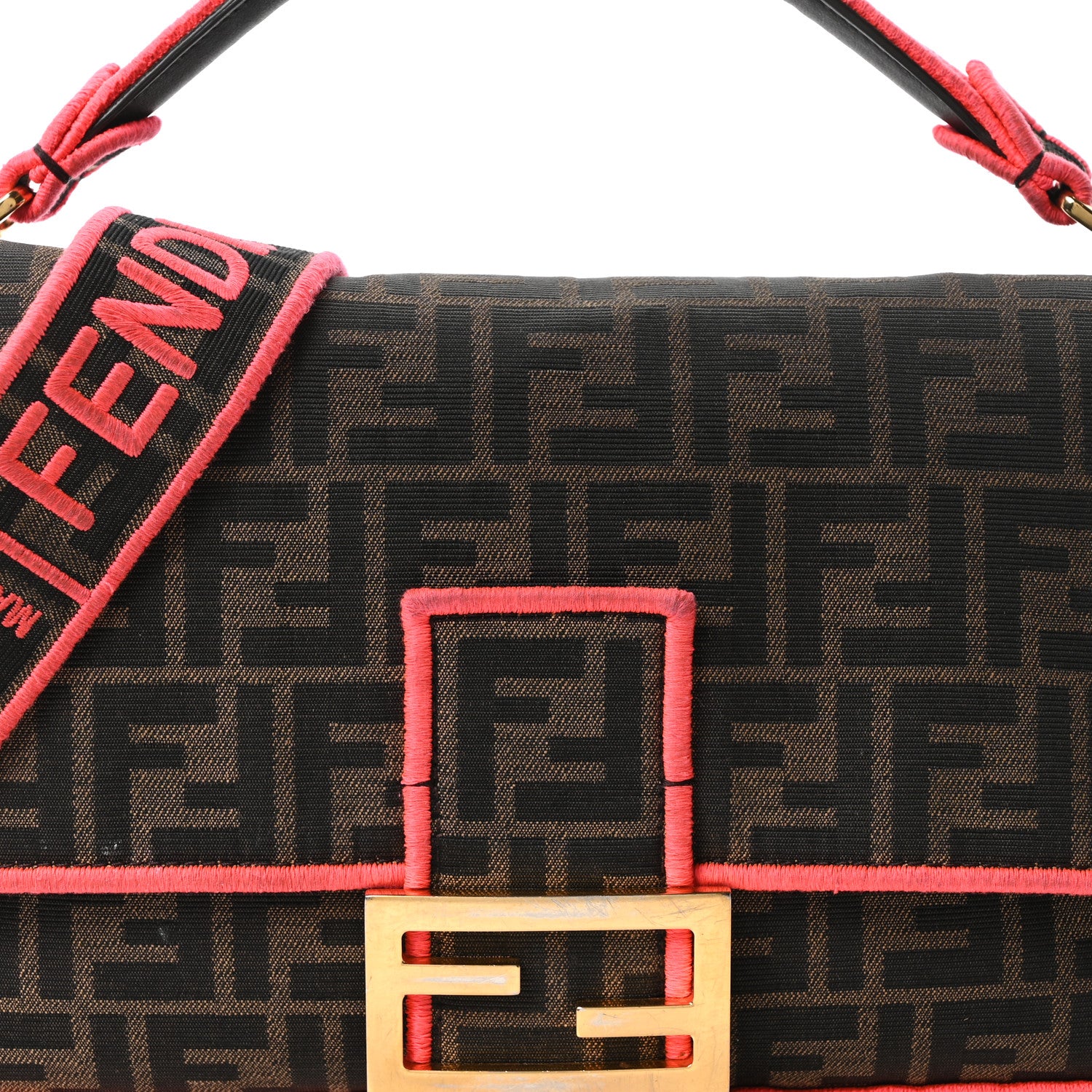 Fendi Fabric Jacquard FF 1974 Large Baguette Tobacco Moro Fuxia