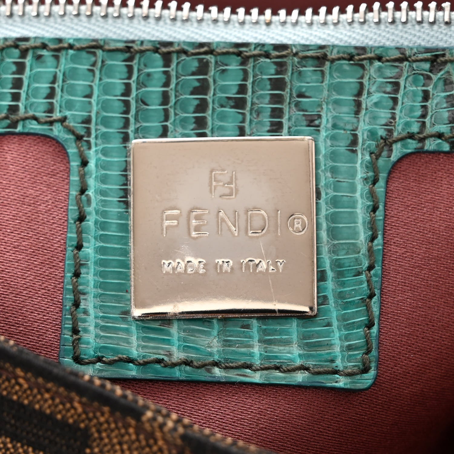 Fendi Zucca Lizard Embroidered Baguette Tobacco Blue Multicolor 6 of 12