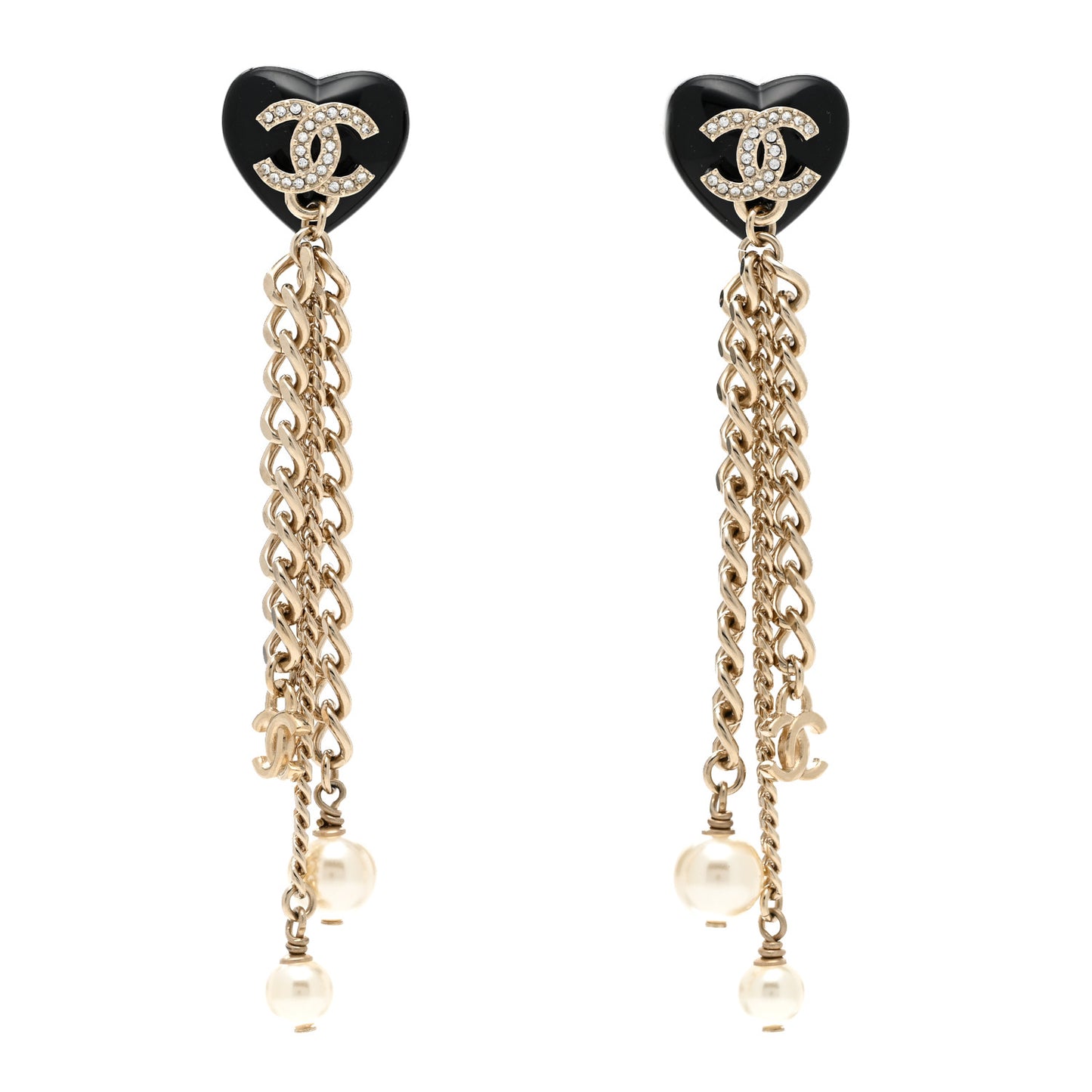 Resin Crystal Pearl CC Heart Chain Earrings Black Gold
