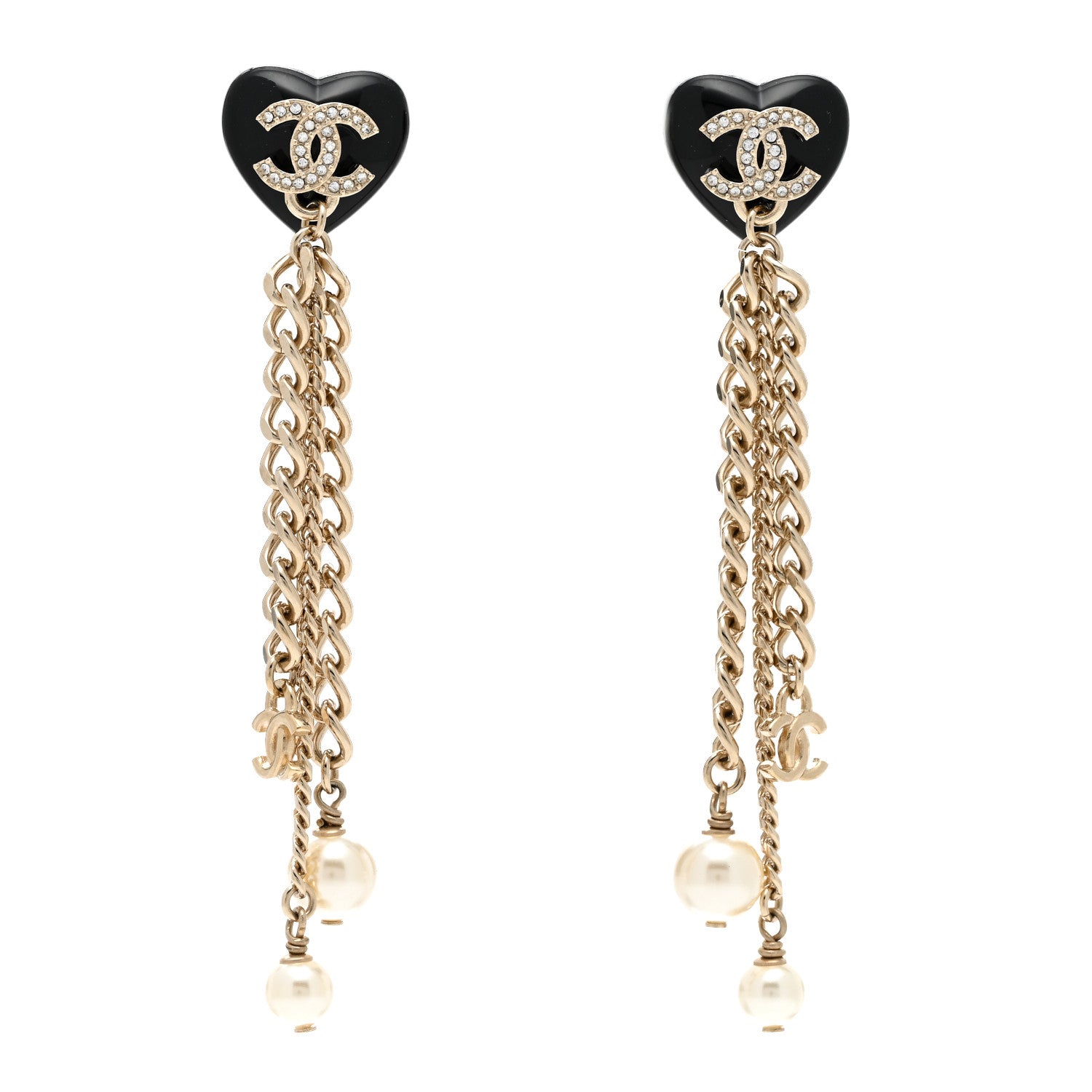 Chanel Resin Crystal Pearl CC Heart Chain Earrings Black Gold 1 of 5