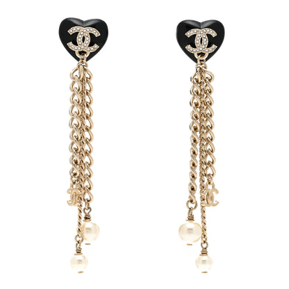 Chanel Resin Crystal Pearl CC Heart Chain Earrings Black Gold 1 of 5