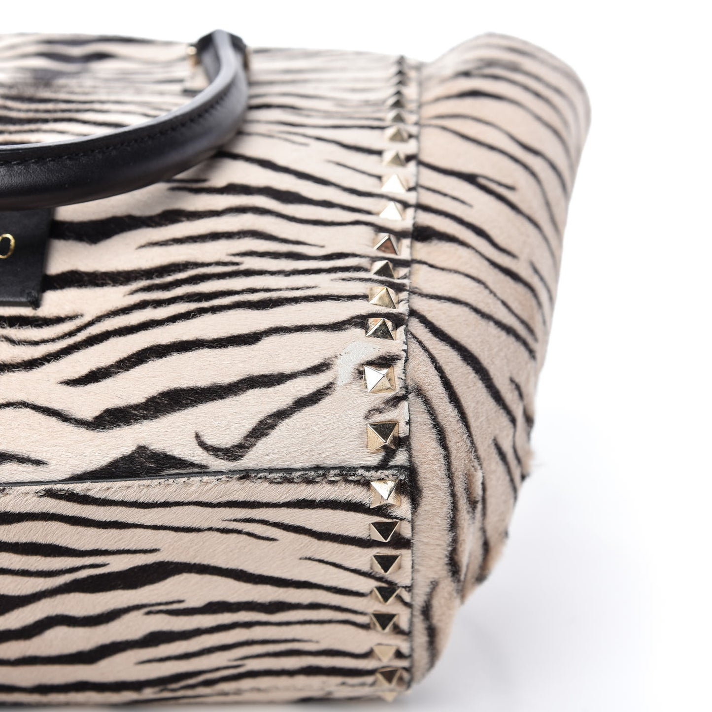 Pony Hair Zebra Rockstud Double Handle Tote Black Ivory