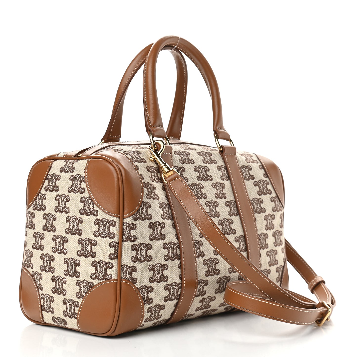 Triomphe Textile Calfskin Small Boston Bag Brown