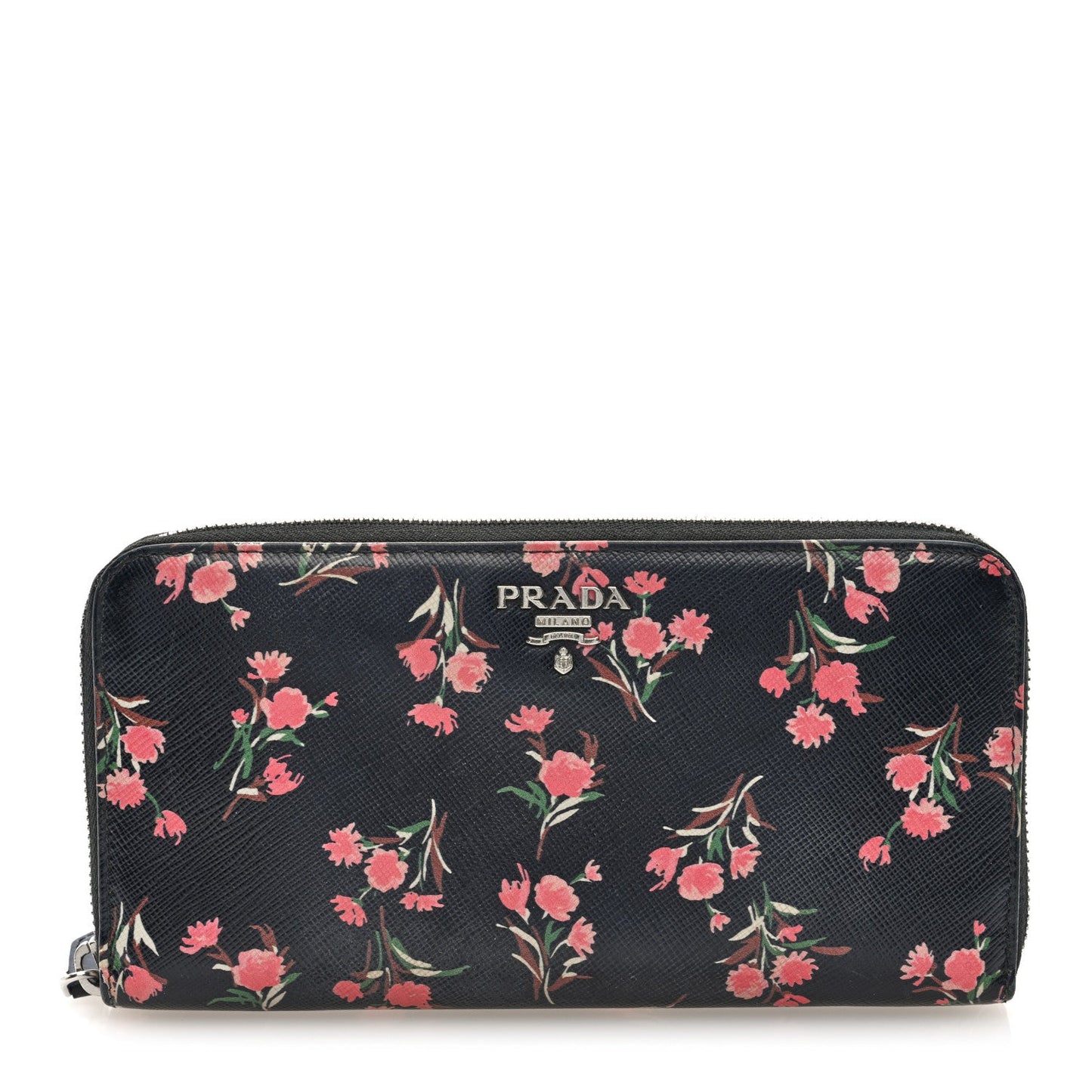 Saffiano Floral Print Zip Around Wallet Black