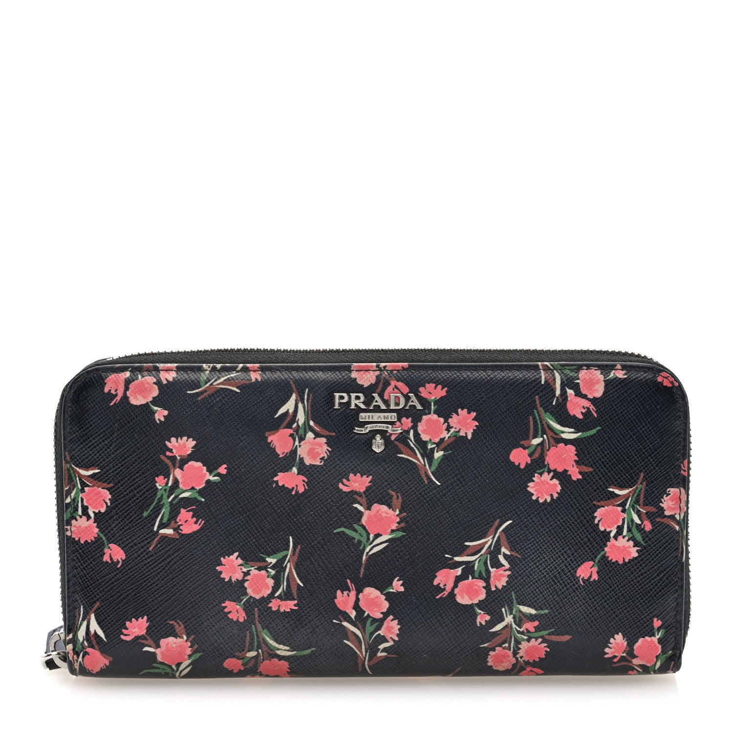Prada Saffiano Floral Print Zip Around Wallet Black 1 of 6