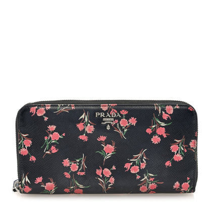 Prada Saffiano Floral Print Zip Around Wallet Black 1 of 6