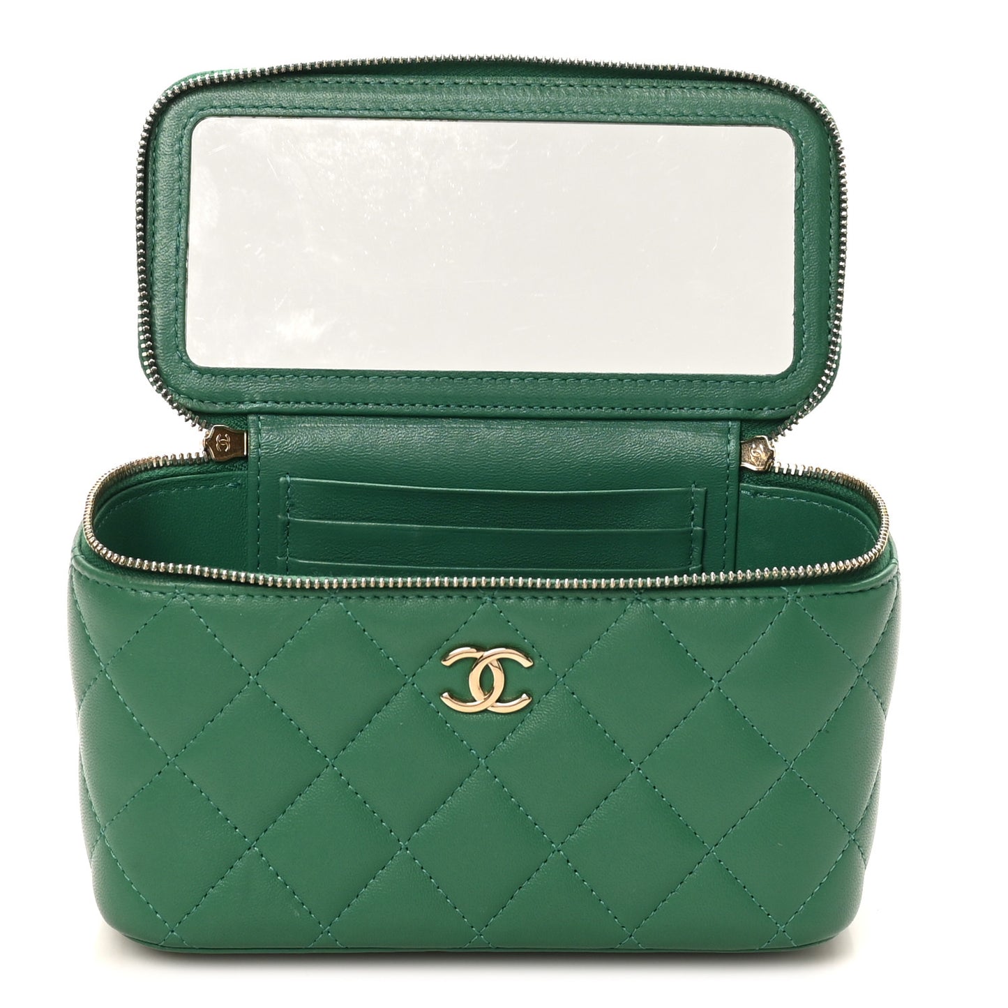 Lambskin Quilted Small Top Handle Vanity Case With Chain Green