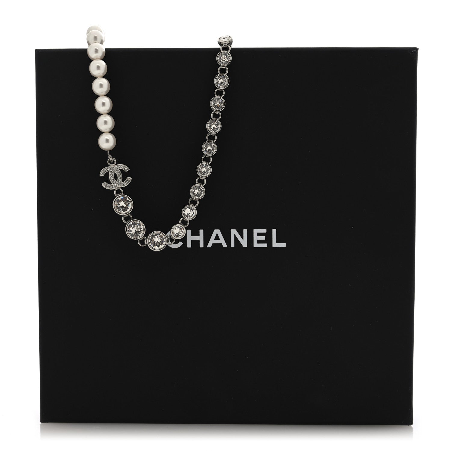 Chanel Pearl Crystal CC Choker Necklace Silver Pearly White 5 of 5