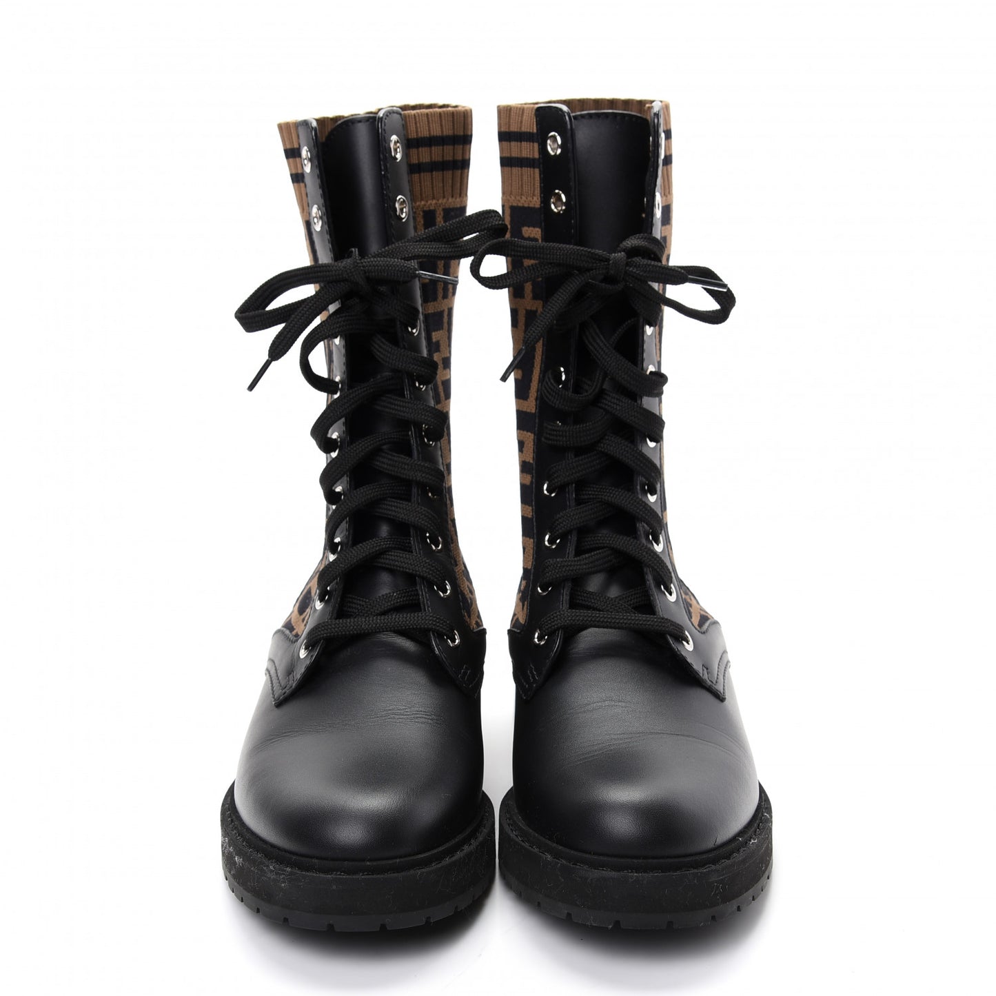 Calfskin Stretch Fabric FF Rockoko Biker Boots 39 Black Tobacco