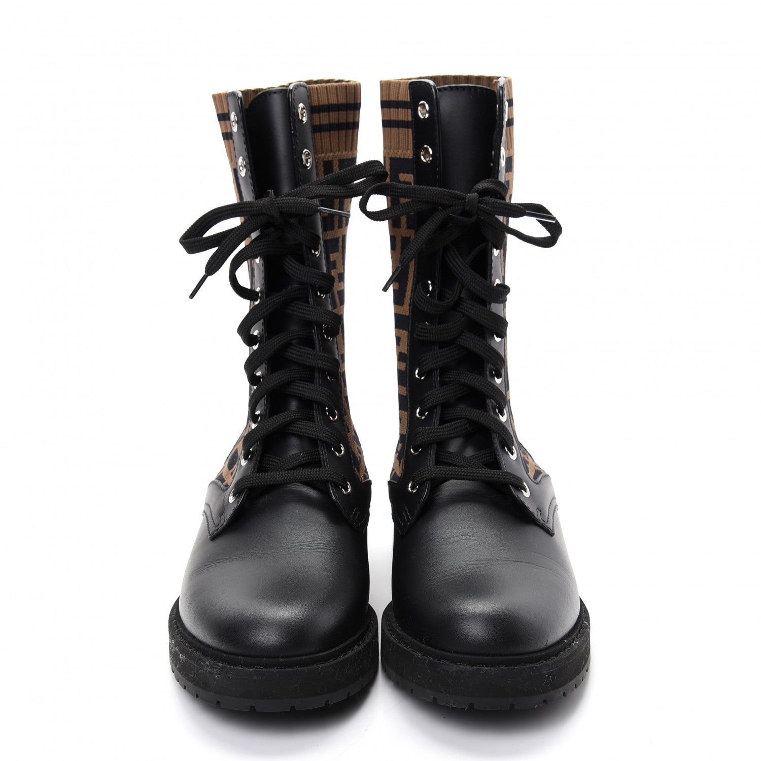 Fendi Calfskin Stretch Fabric FF Rockoko Biker Boots 39 Black Tobacco 2 of 8