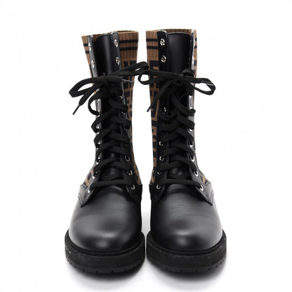 Fendi Calfskin Stretch Fabric FF Rockoko Biker Boots 39 Black Tobacco 2 of 8