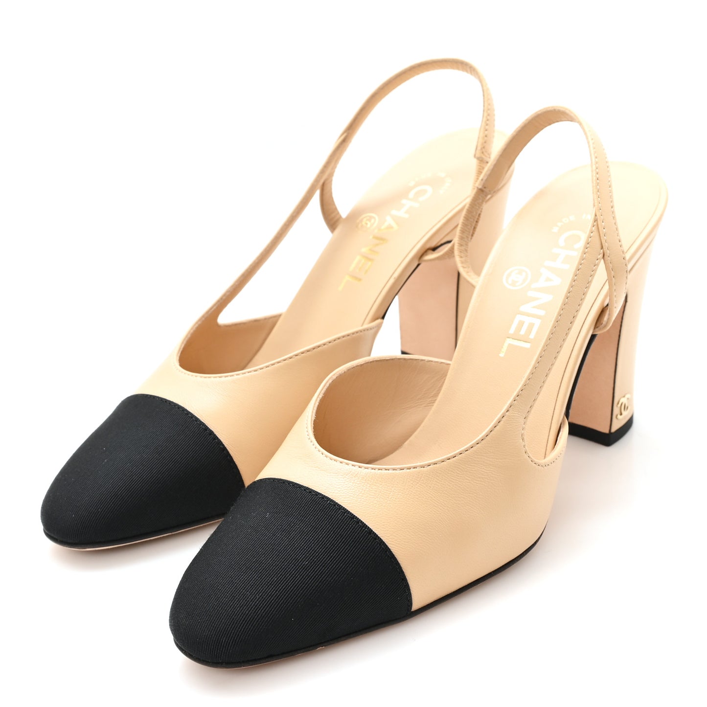 Goatskin Grosgrain Cap Toe CC Slingback Pumps 37 Beige Black