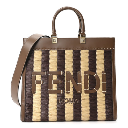 Fendi Paglia Pequin Vitello King Woven Medium Fendi Sunshine Shopper Tote Naturale Gianduia 1 of 9