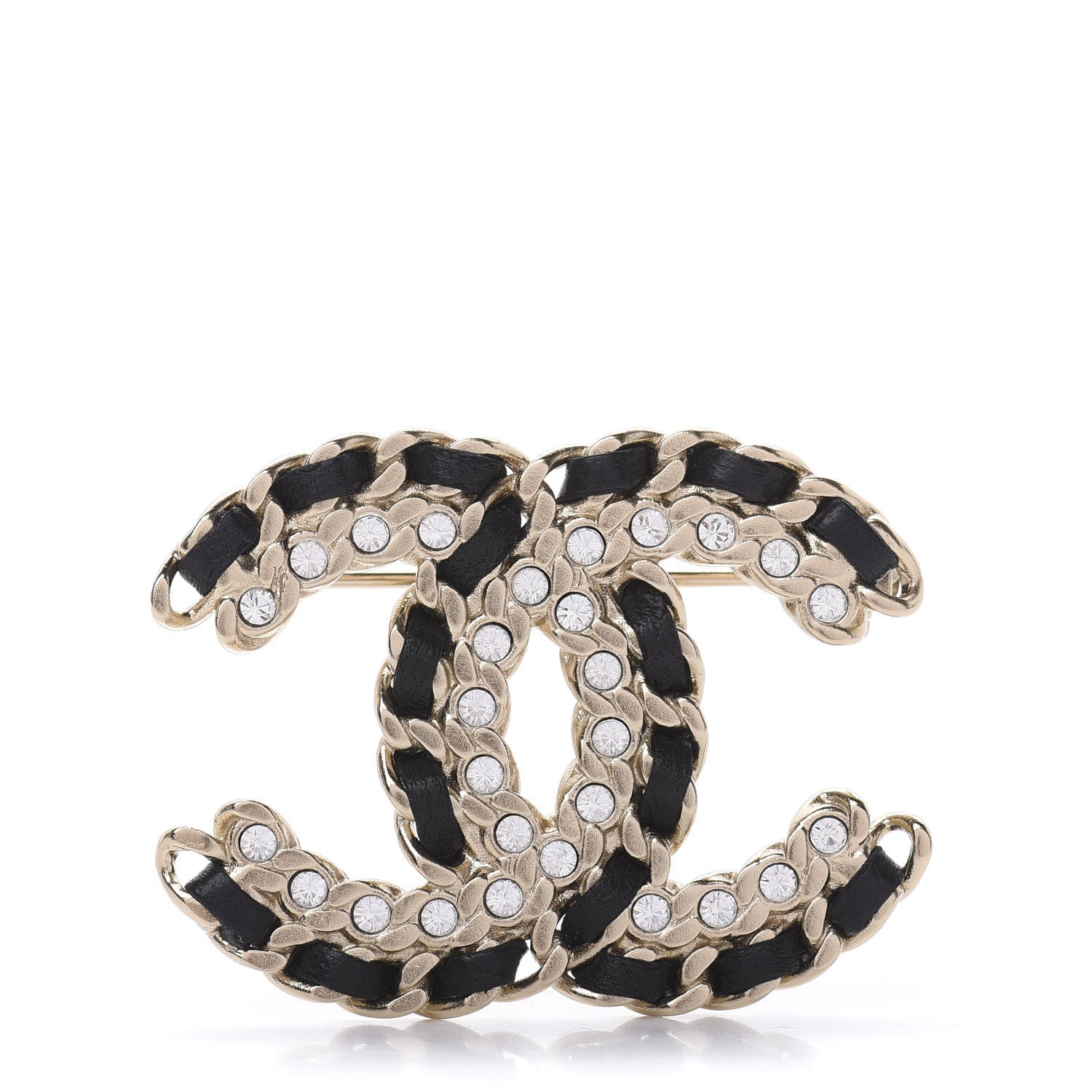 Chanel Lambskin Crystal Vintage Allure CC Chain Brooch Black Gold 1 of 4