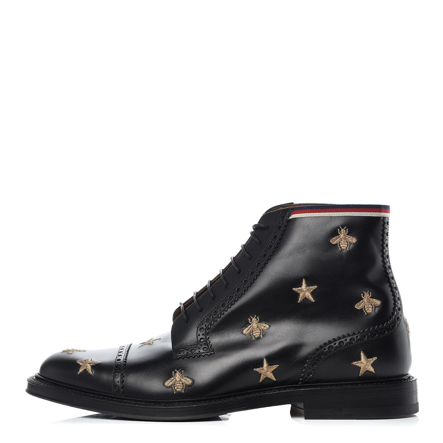 Gucci Calfskin Sylvie Web Bee Star Embroidered Mens Brogue Captoe Boots 10.5 Black 1 of 12