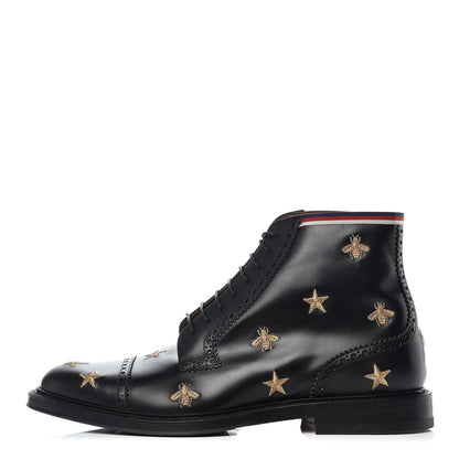 Gucci Calfskin Sylvie Web Bee Star Embroidered Mens Brogue Captoe Boots 10.5 Black 1 of 12