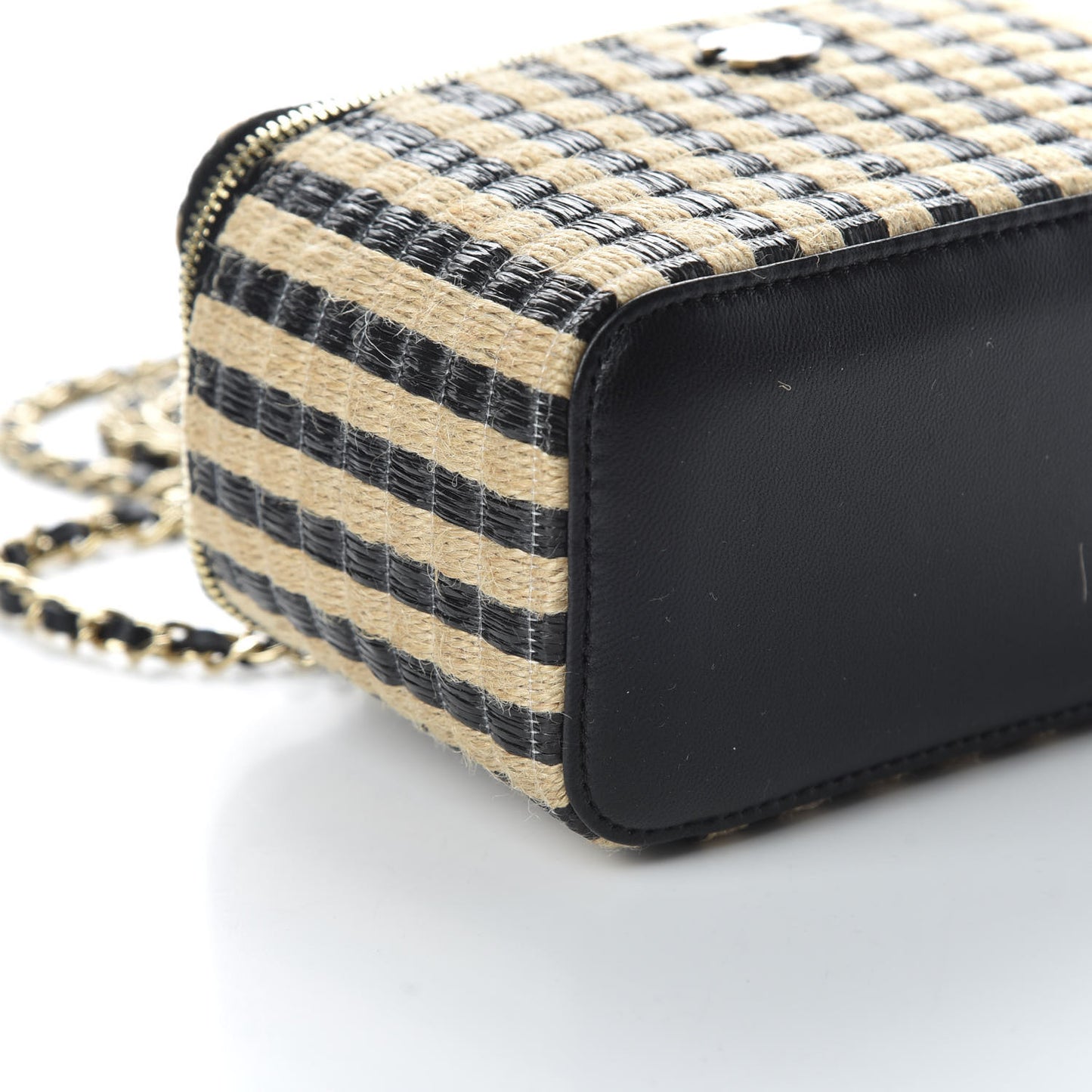 Raffia Jute Striped Small Vanity Case With Chain Black Beige
