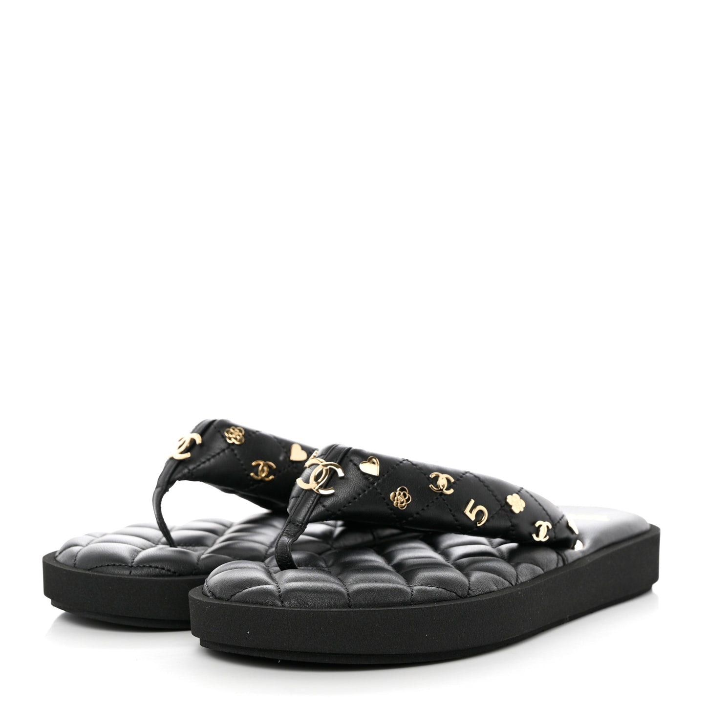 Lambskin Quilted Padded Charms Thong Sandals 38 Black