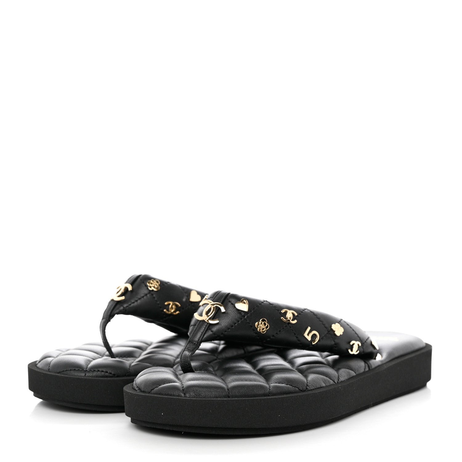 Chanel Lambskin Quilted Padded Charms Thong Sandals 38 Black 3 of 8