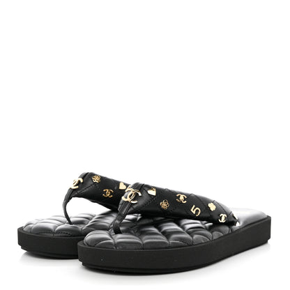 Chanel Lambskin Quilted Padded Charms Thong Sandals 38 Black 3 of 8