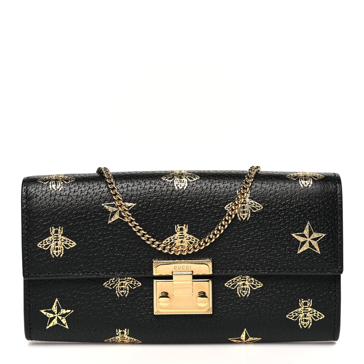 Grained Calfskin Bee Star Continental Chain Wallet Black