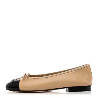 Chanel Lambskin Cap Toe CC Ballerina Flats 37.5 Beige Black 1 of 9