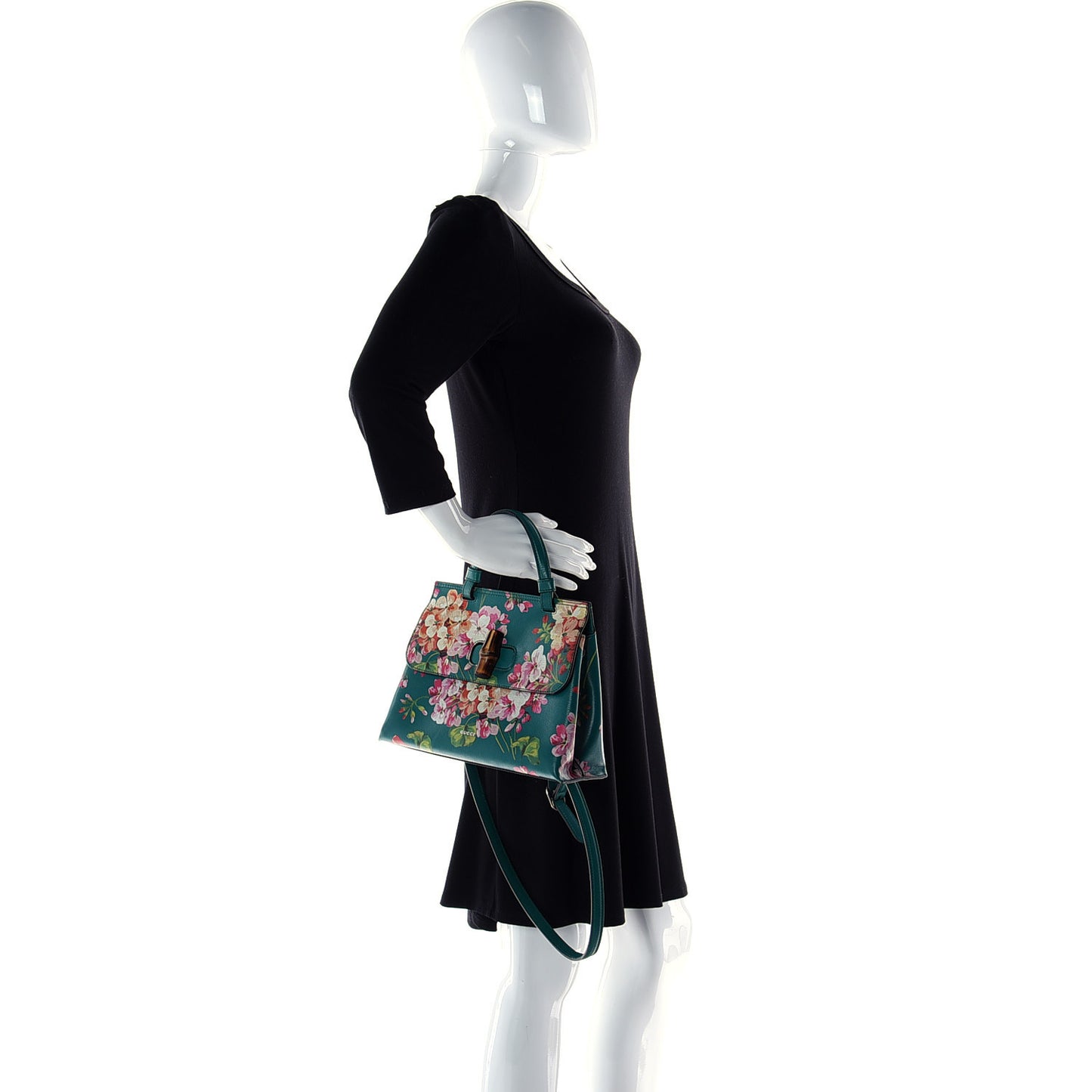 Shangai Calfskin Blooms Print Small Bamboo Daily Top Handle Bag Clear Bright Emerald Multicolor