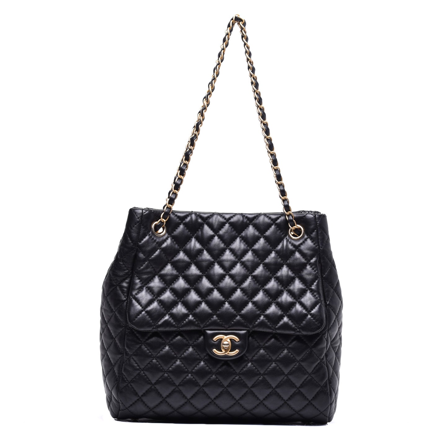 Lambskin Quilted Large Fluffy CC Shopping Tote Black