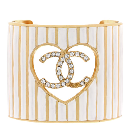 Chanel Crystal Heart CC Cuff Bracelet M Gold White 1 of 4