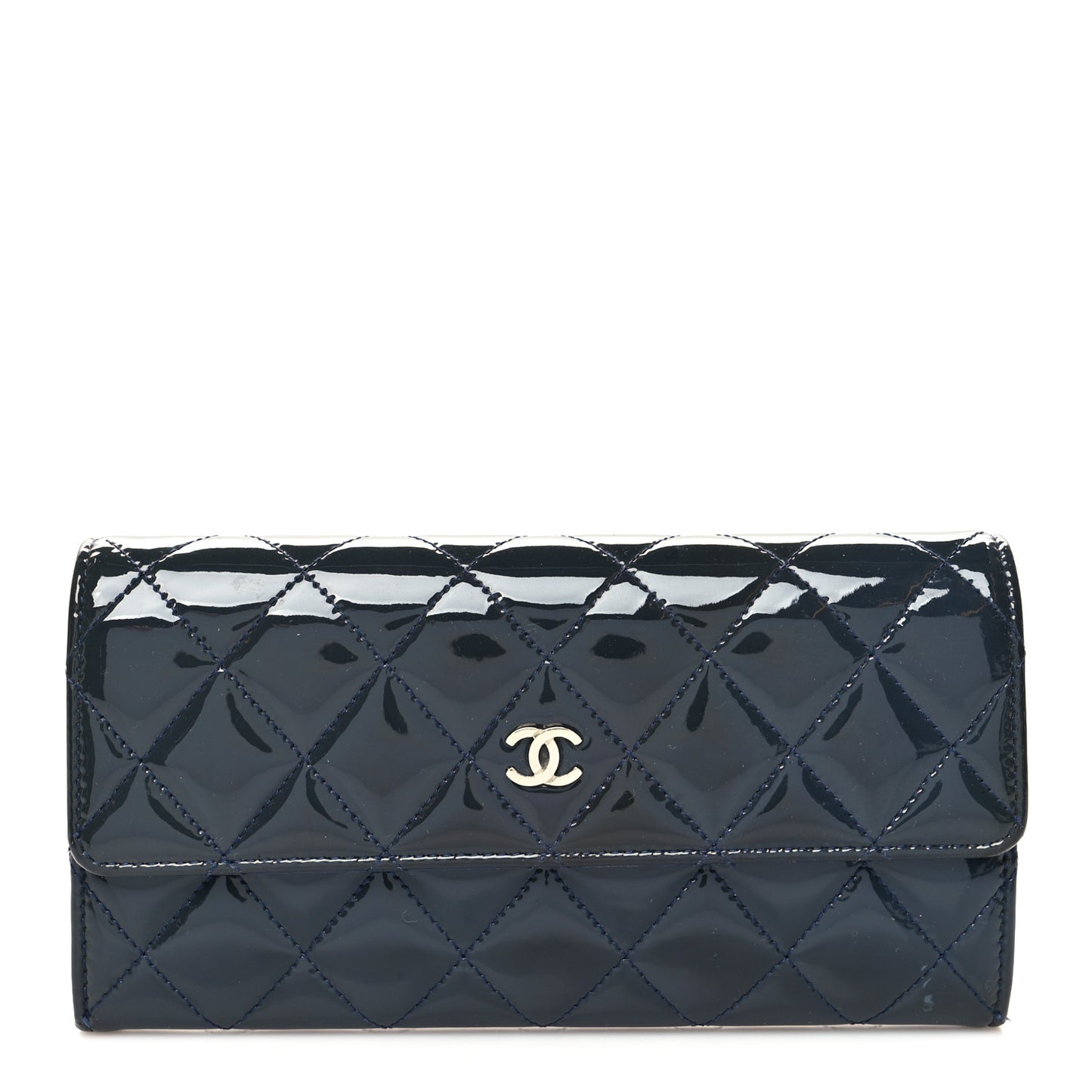 Patent Quilted Large Flap Wallet Navy