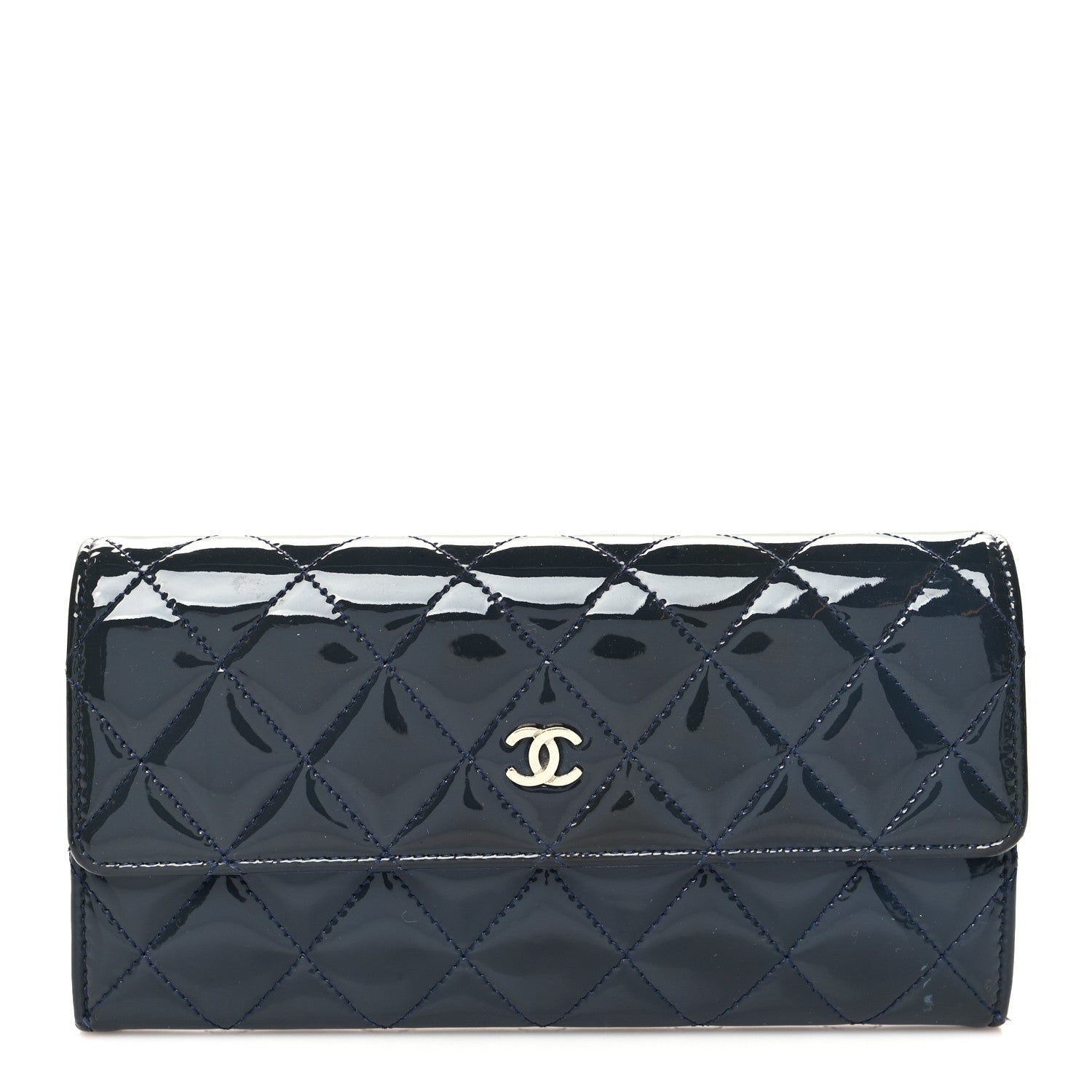 Chanel Patent Quilted Large Flap Wallet Navy 1 of 11