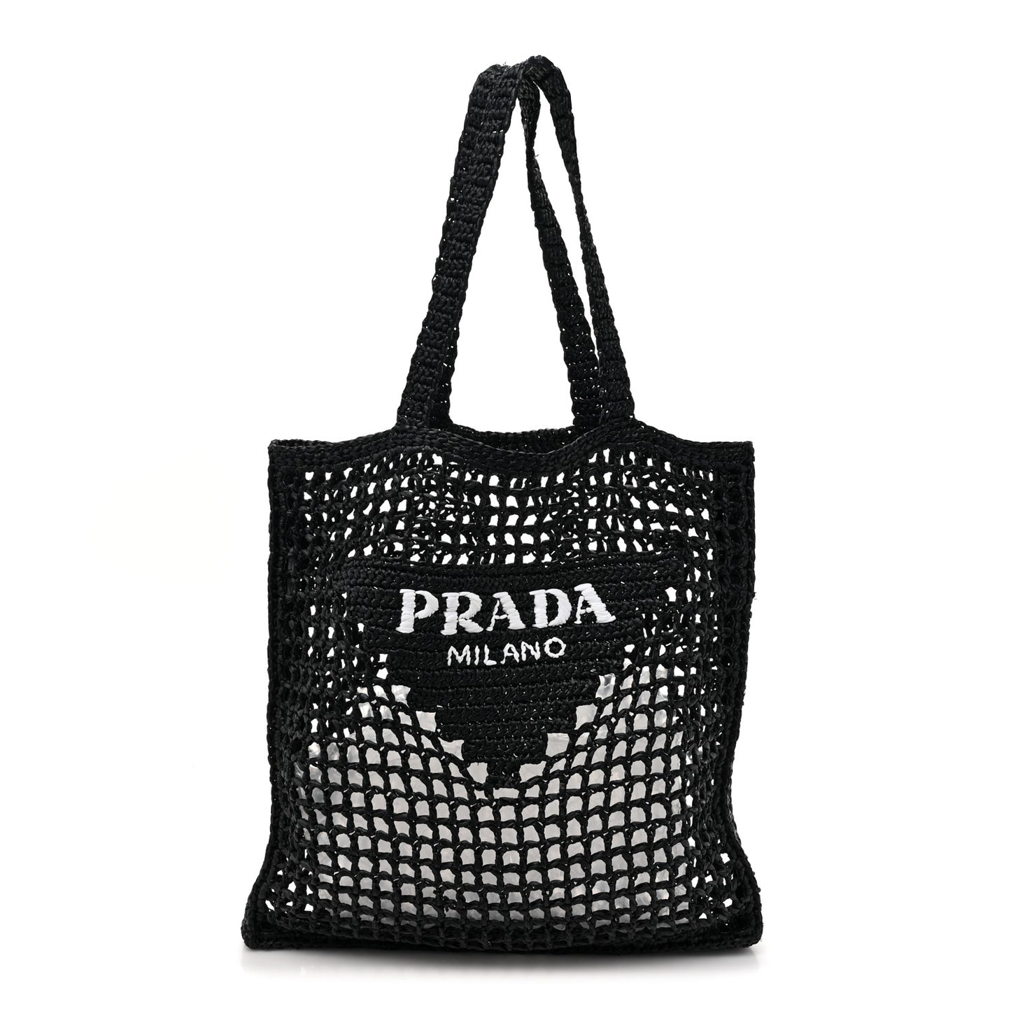 Yarn Raffia Effect Crochet Logo Embroidered Tote Bag Black