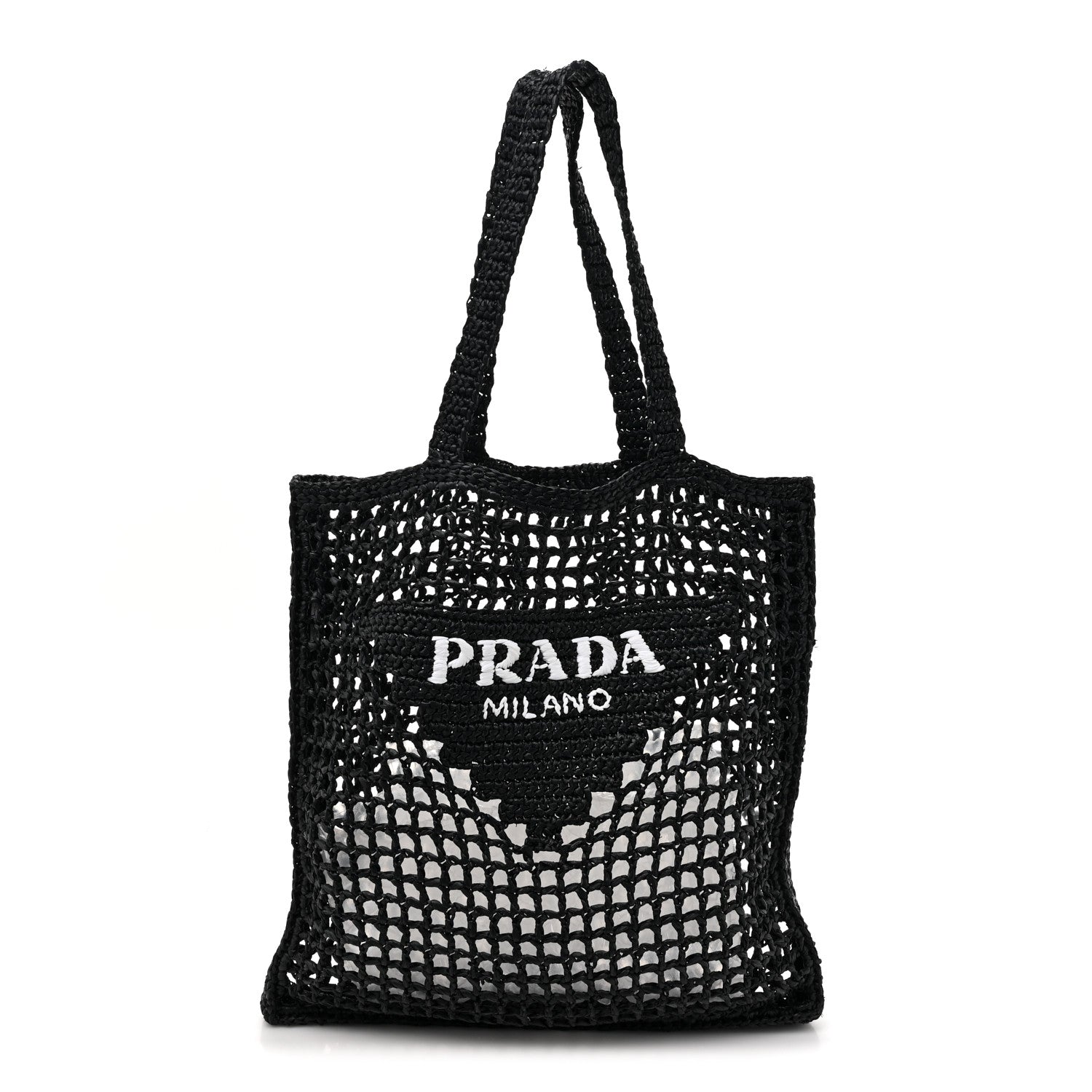 Prada Yarn Raffia Effect Crochet Logo Embroidered Tote Bag Black 1 of 9