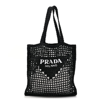 Prada Yarn Raffia Effect Crochet Logo Embroidered Tote Bag Black 1 of 9
