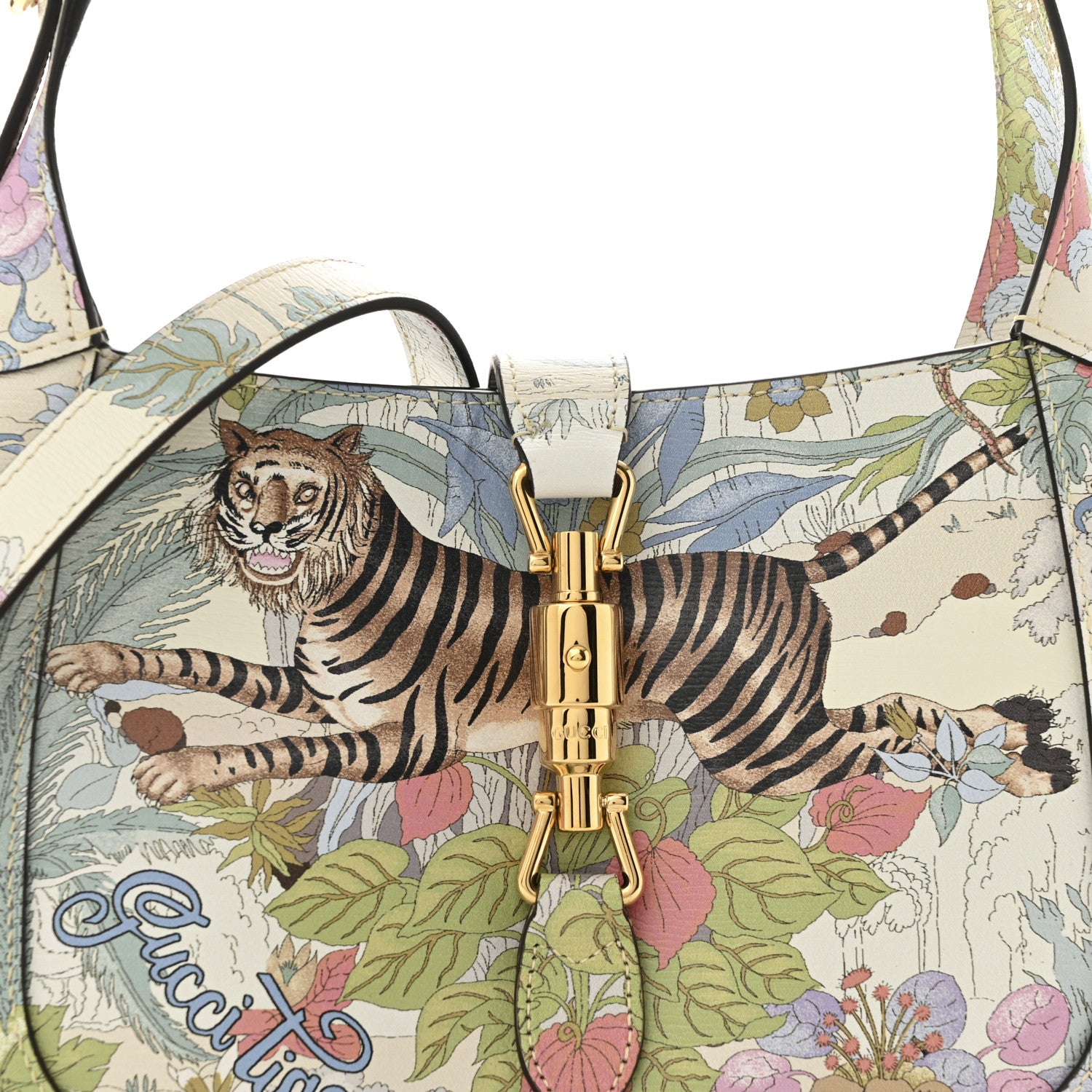 Gucci New Shangai Calfskin Tiger Savanah Small Jackie 1961 Hobo Chalky White Multicolor 8 of 10