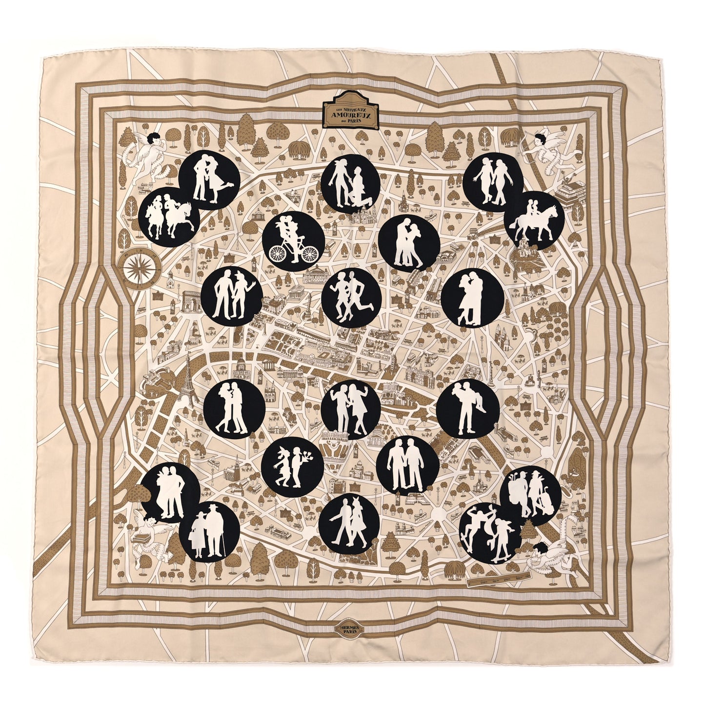 Silk Les Nouveaux Amoureux de Paris Scarf 90 Beige Black White